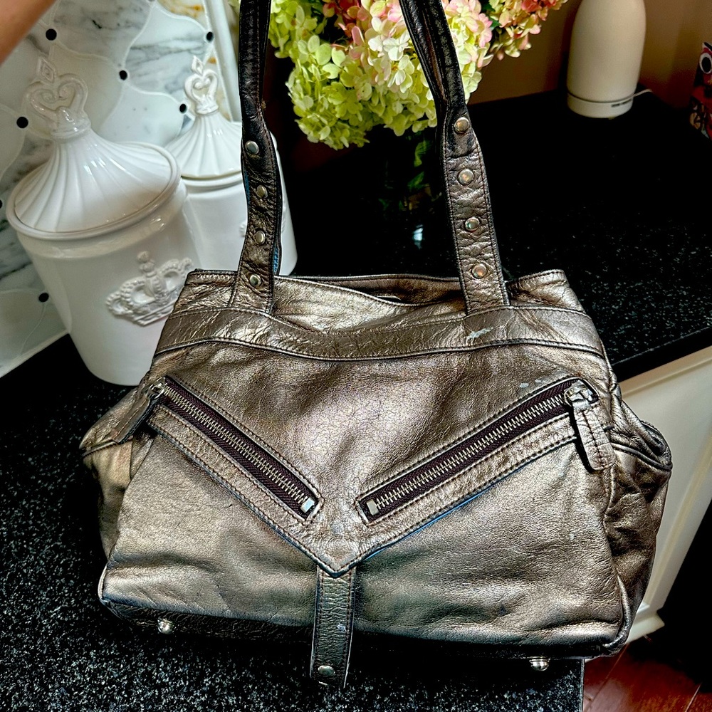 Notoire Trigger Bag bronze metallic yummy leather with light blue leather accent